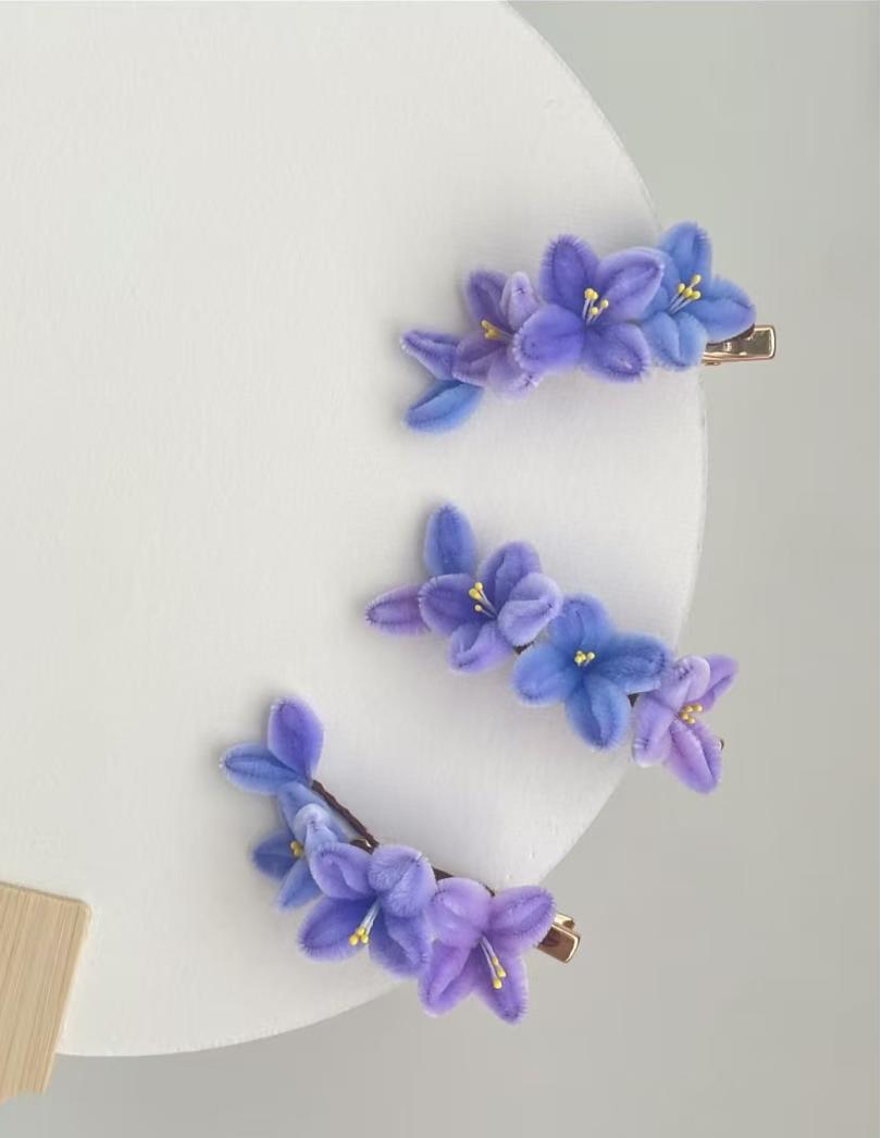 Blue & Purple Fuzzy Flowers Hairpin